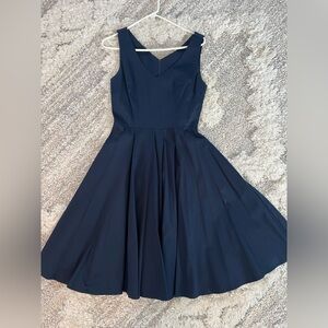 Eva Rose Fit & Flare Navy Blue V-Neck Dress Front & Back Full Skirt ER3915 Small